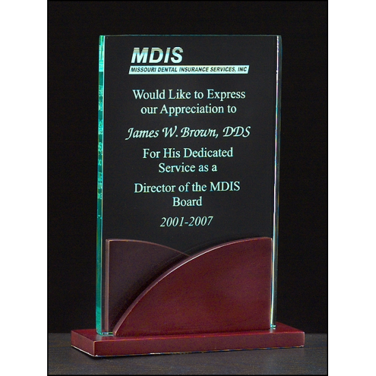 Premium Series3/8" thick acrylic award on a mahogany finish base