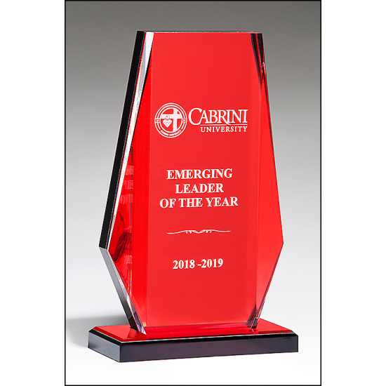 Clear Acrylic Award with Red Mirror Background on Red Mirror-Topped Base