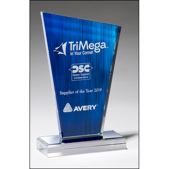 Peak Series Clear Acrylic with Printed Blue Background and Silver Mirror-Topped Base Peak Series Clear Acrylic with Printed Blue Background and Silver Mirror-Topped Base