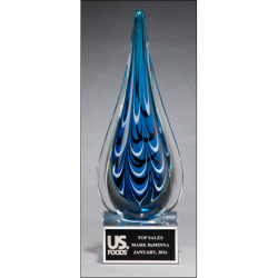 Blue and black teardrop shaped art glass award