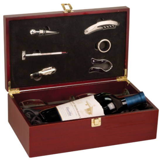ROSEWOOD FINISH WINE BOX WITH TOOLS & 2 GLASSES