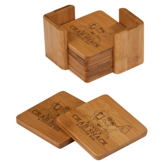 6 SQUARE BAMBOO COASTERS W/BAMBOO HOLDER