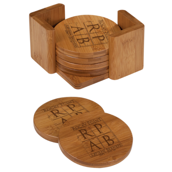 6 ROUND BAMBOO COASTERS W/BAMBOO HOLDER