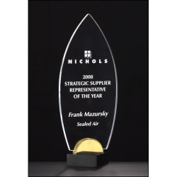 Flame Series 3/8" thick acrylic award on black and gold metal base.