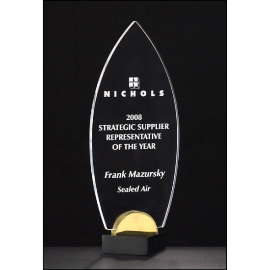 Flame Series 3/8" thick acrylic award on black and gold metal base.