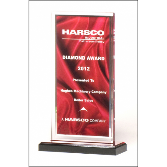 Clear acrylic award with deep red draped satin pattern and silver mirror border on a black acrylic base with red mirror top