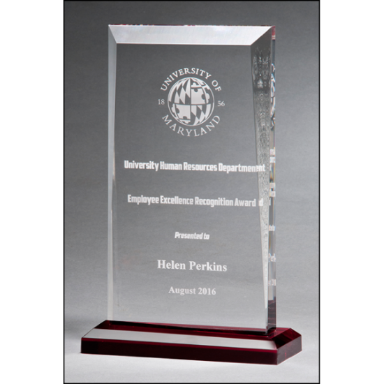Apex Series clear acrylic award with red highlights and red base