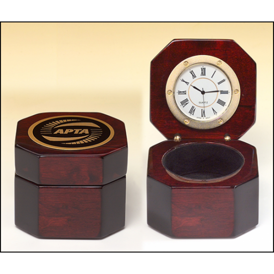 Rosewood piano-finish desktop clock with velour lined storage area