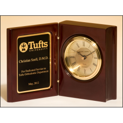 High gloss rosewood piano-finish book clock with diamond-spun dial and three hand movement