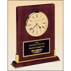 Desktop clock rosewood stained piano finish wood with gold metal accents.