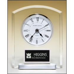 Acrylic clock with polished silver aluminum base. Silver bezel, white dial, three-hand movement
