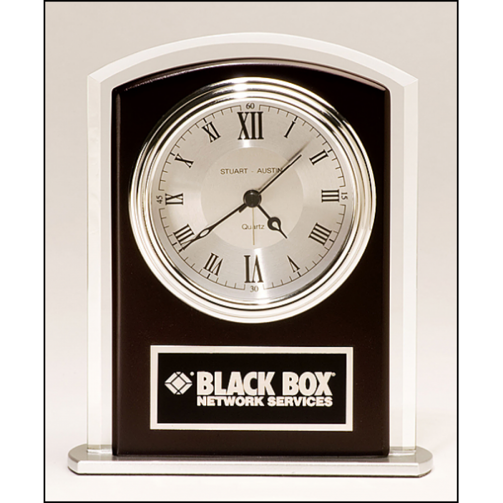 Beveled glass clock with wood accent, silver bezel and dial, three hand