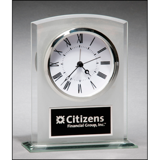Glass clock with frosted top polished edges and base