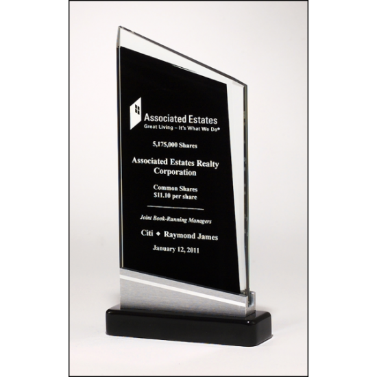 Zenith Series glass award black piano-finish base with silver aluminum accent