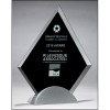 Diamond-shaped glass award with black silk screen on silver metal base