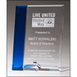 Clear glass award with sapphire blue highlight, silver plated easel post