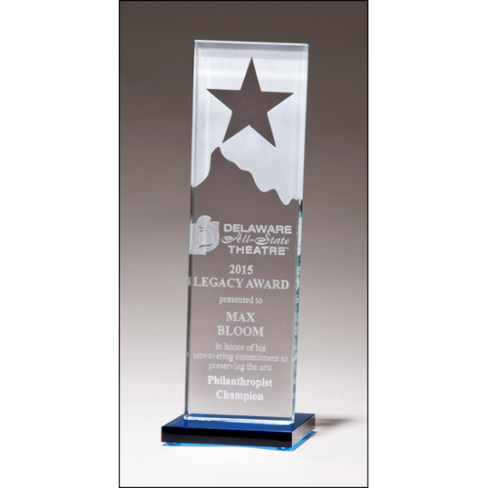 Etched clear glass award with star and mountain peak with blue glass base