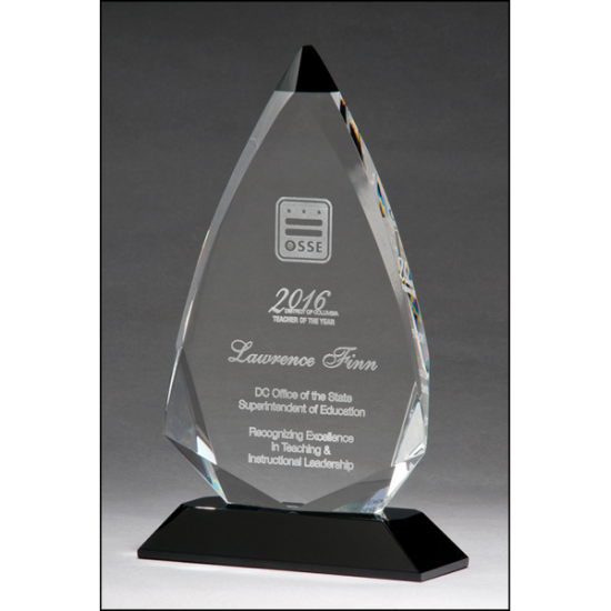 Arrow shaped crystal award with black accent on black crystal base