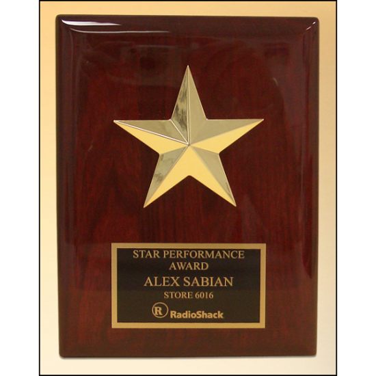 Star casting with gabled points Goldtone finish on rosewood piano-finish plaque