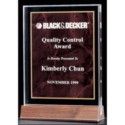 Marble Design Series 3/4" thick polished acrylic award with a ruby marble center on a solid American walnut base