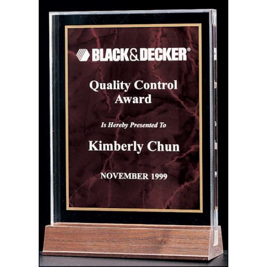 Marble Design Series 3/4" thick polished acrylic award with a ruby marble center on a solid American walnut base