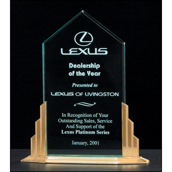 Peak Series 1/2" thick polished acrylic award on a goldtone finish aluminum base