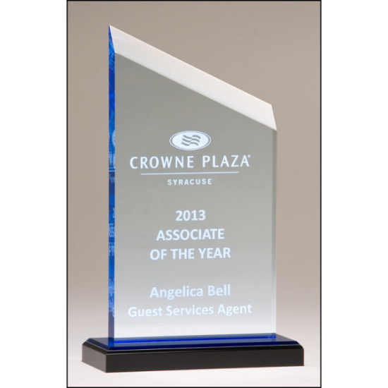 Zenith Series acrylic award. Clear upright with blue accents, black acrylic base with blue mirror top