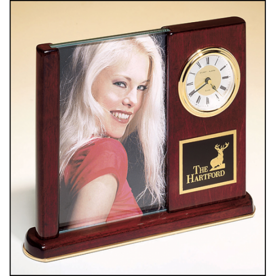 Rosewood stained piano finish desk clock with glass picture frame