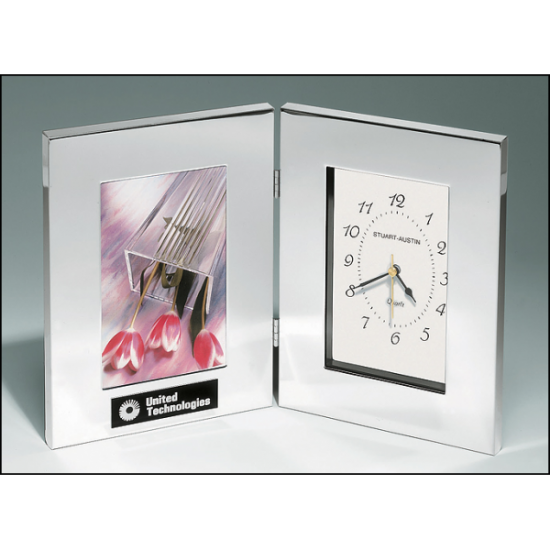 Combination clock and photo frame in polished silver aluminum