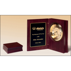 Hand-rubbed rich mahogany finish book clock, gold spun dial, three hand movement