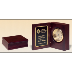 Hand-rubbed rich mahogany finish book clock, gold spun dial, three hand movement