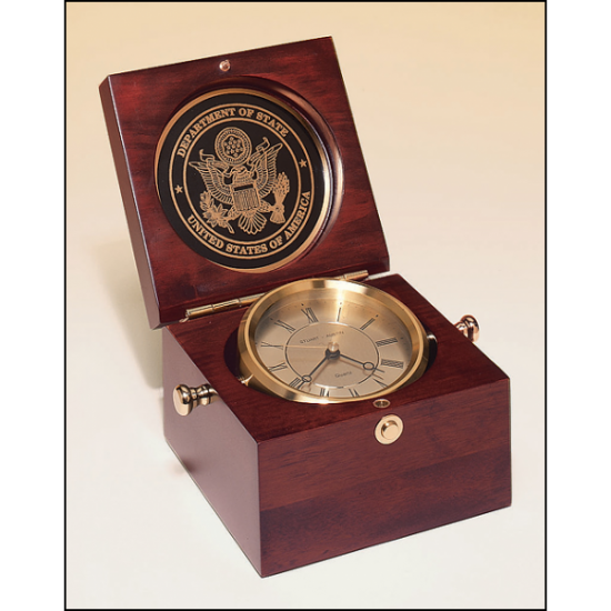 Captain's Clock with solid brass clock housing in a hand rubbed mahogany-finish case