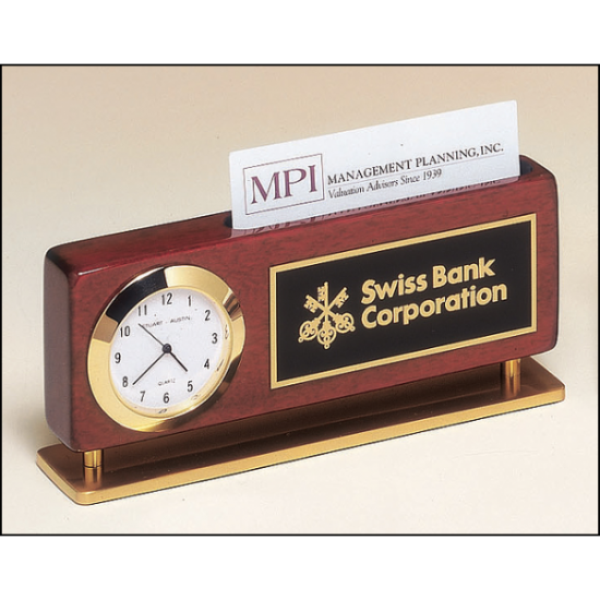 Rosewood stained piano finish combination clock and business card holder with gold metal accents