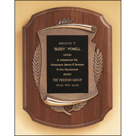 American walnut Airflyte plaque with furniture finish and an antique bronze finish frame casting.
