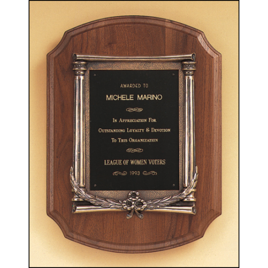 Solid American walnut plaque with an antique bronze casting.