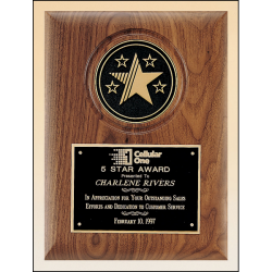 Solid American walnut plaque with choice of CAM or 5-star cast medallion.