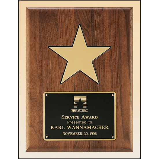 Solid American walnut plaque with black recessed area and gold aluminum star.
