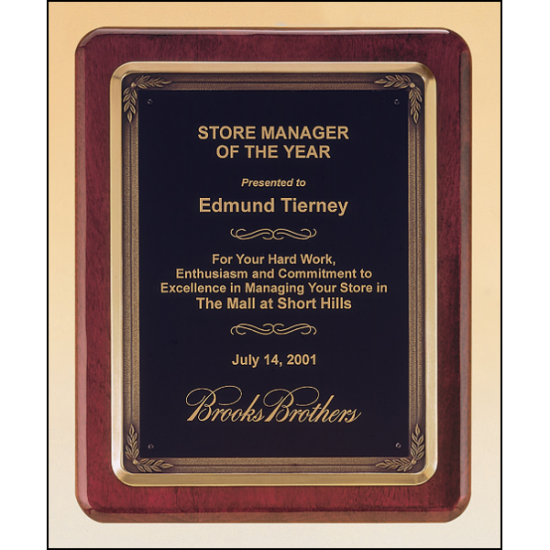 Rosewood stained piano finish plaque with antique bronze plated metal frame casting
