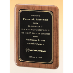 Solid American walnut plaque with a precision elliptical edge and a black or brushed brass plate with printed border