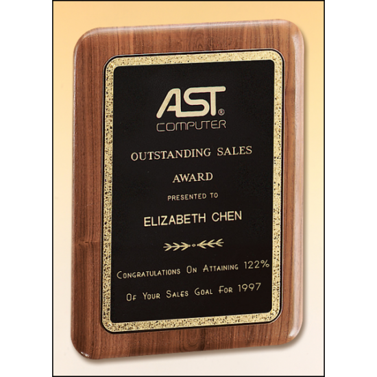 Solid American walnut plaque with a precision elliptical edge and a black brass plate with gold florentine border