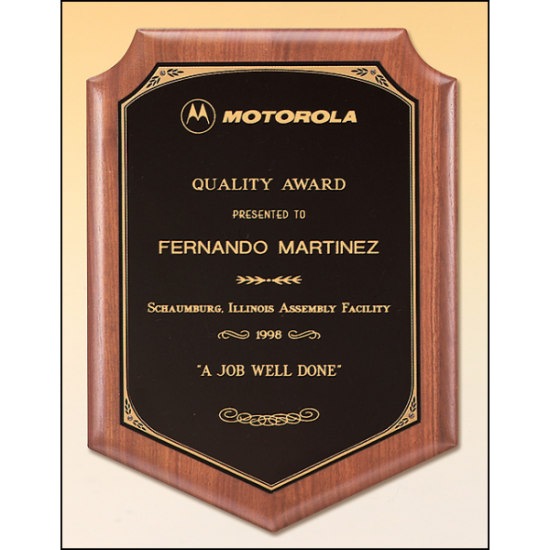 Solid American walnut plaque with a black brass plate with printed border