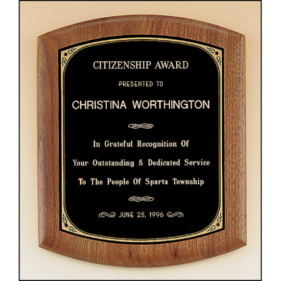 Solid American walnut plaque with a black brass plate with printed border.