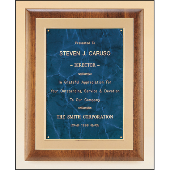 Solid American walnut plaque with a frost gold back plate with bright gold embossed frame available in 3 marble finishes