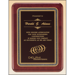 Rosewood stained piano finish plaque with black florentine border and black textured center