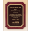 Rosewood stained piano finish plaque with notched corners, black textured center plate and florentine border