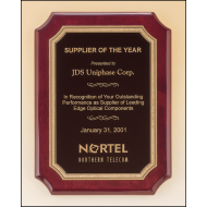 Rosewood stained piano finish plaque with notched corners, black textured center plate and florentine border