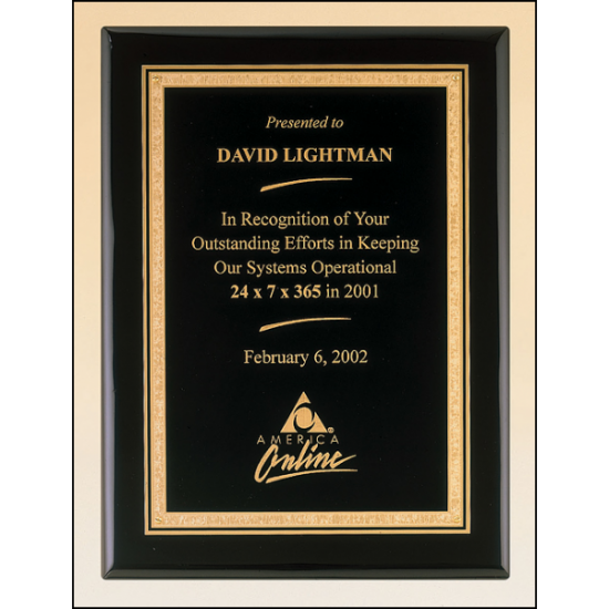 Black stained piano finish plaque with a black textured center plate and florentine border