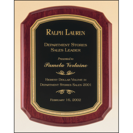 Rosewood stained piano finish plaque with a black textured center plate and florentine border