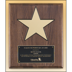 Gold aluminum star (8") on walnut stained  piano-finish board with black recessed area