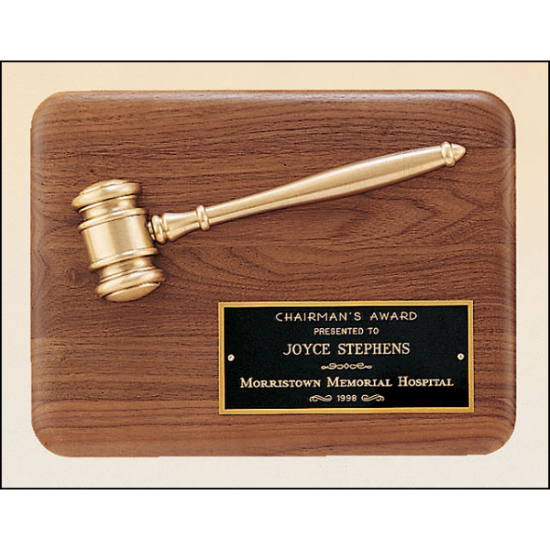 American walnut plaque with an antique bronze gavel casting.